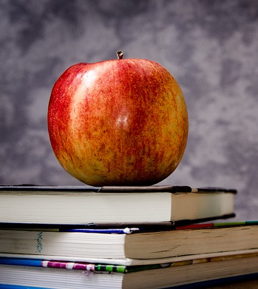 Picture of an apple sitting on books